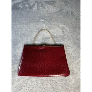 Vintage Red Faux Snakeskin Embossed Evening Clutch Gold Chain Frame Bag